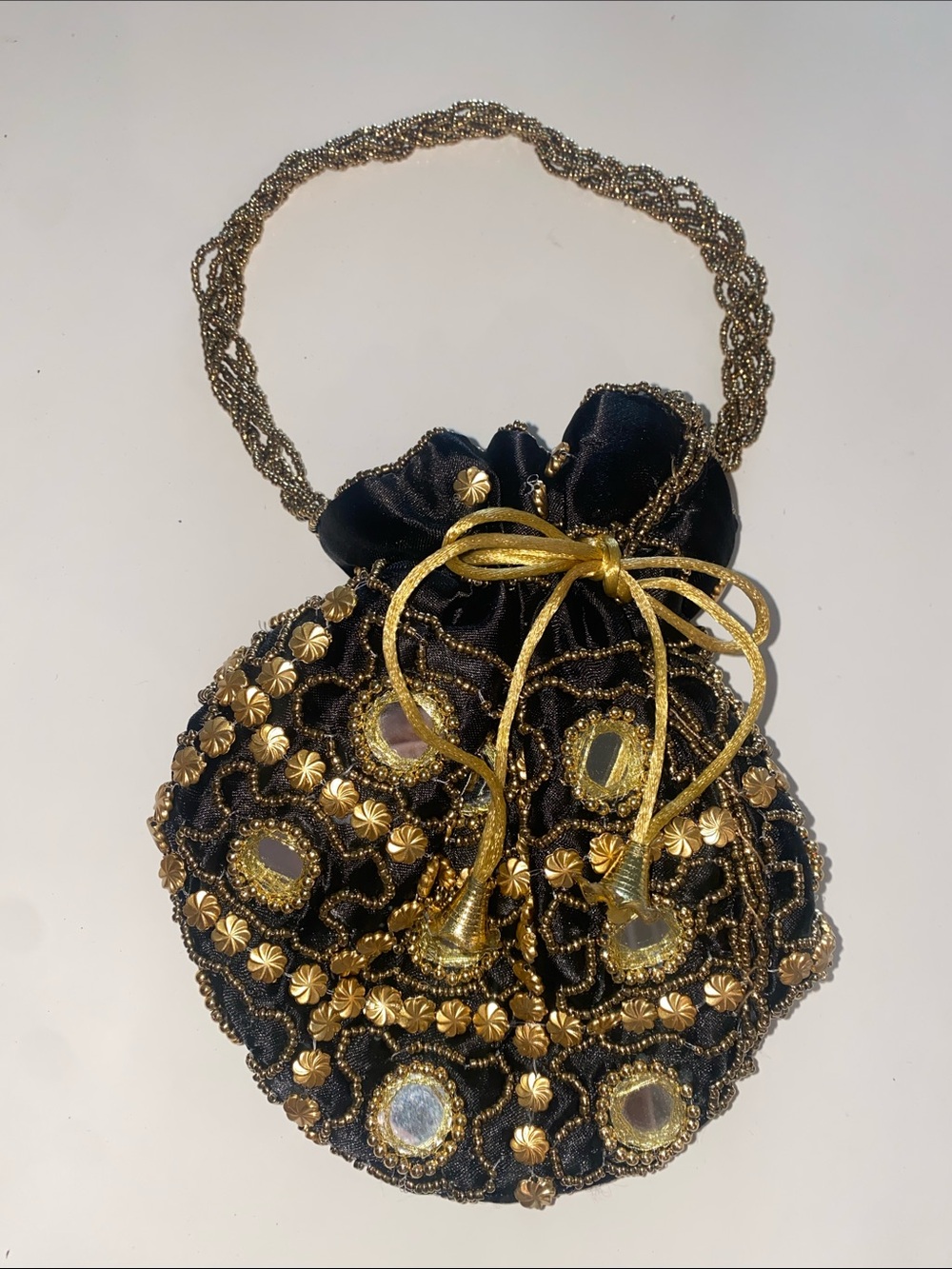 Black & Gold Embellished Drawstring Evening Bag